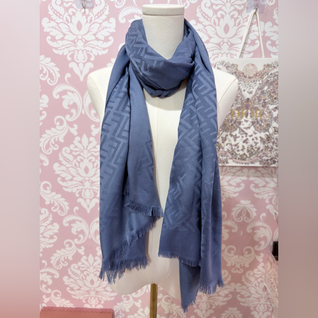 Fendi Ff Logo Blue Silk  Cashmere Vintage Scarf